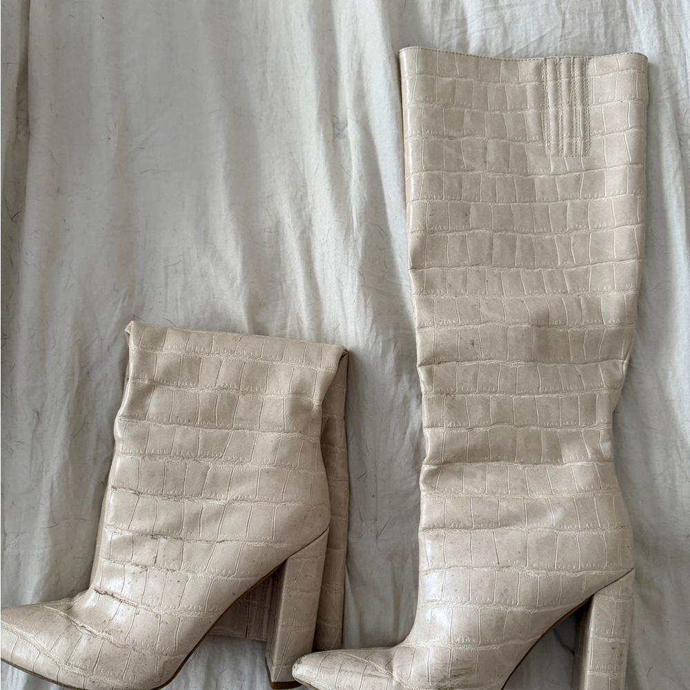 Cream Croc- Knee-High Boots